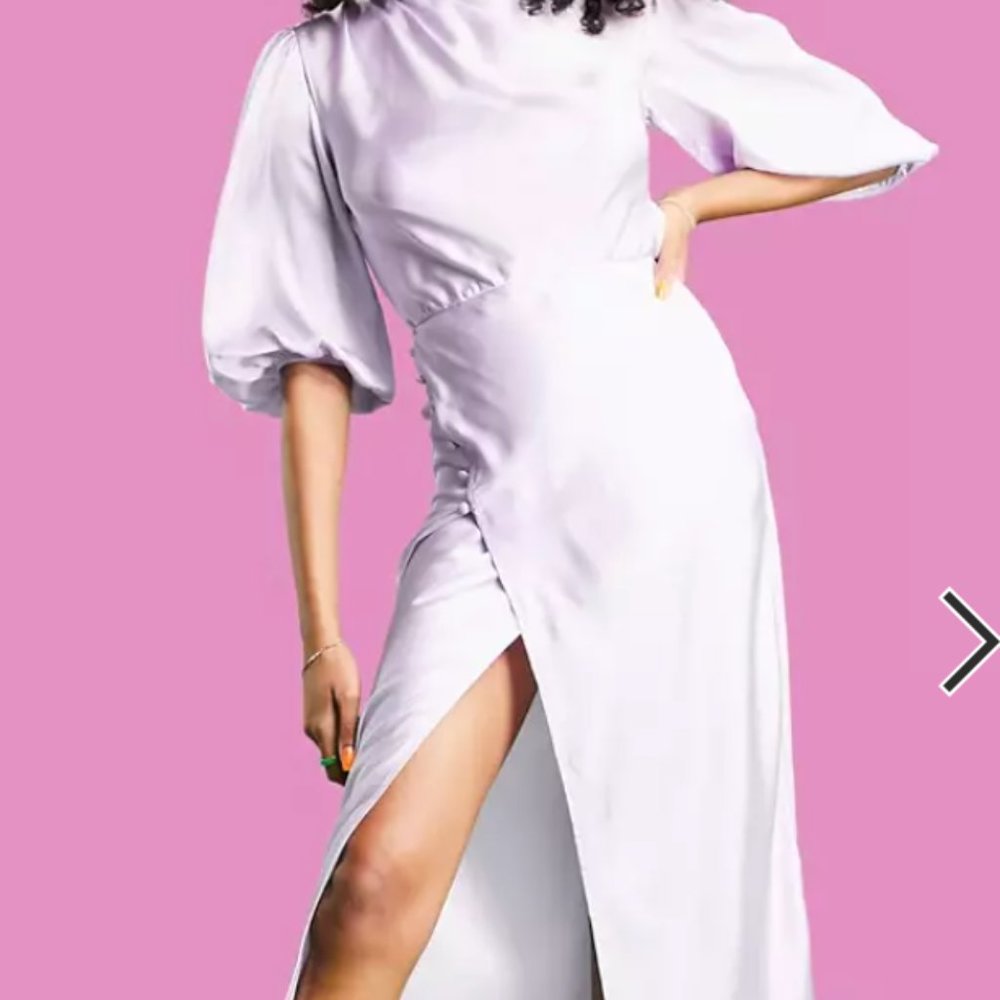 ASOS DESIGN pleat cowl neck satin midi tea dress with puff sleeve in lilac